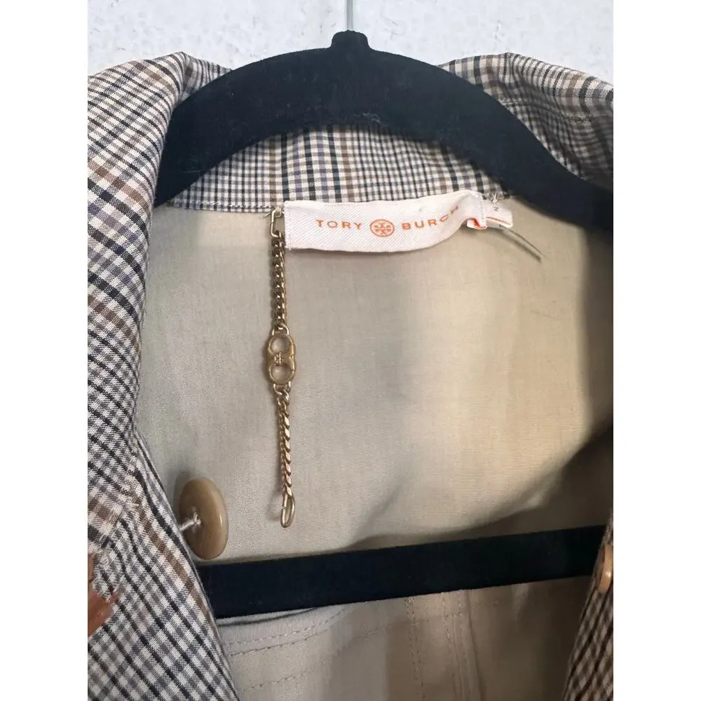 Tory Burch Glen Plaid Belted Trench Coat Leather Trim XS US2